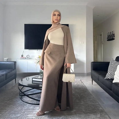 Muslim Women 2 Pieces Set Open Abaya Dress With Skirt #251072