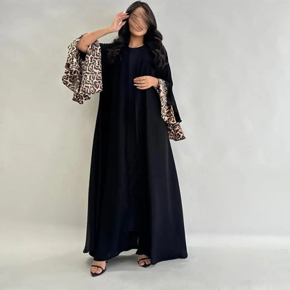 Leopard Print Cuff Cardigan Open Abaya Dress