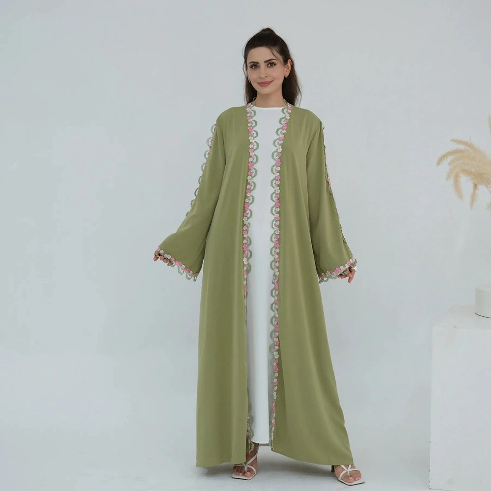 Flower Embroidery Nida Open Abaya Dress #251079