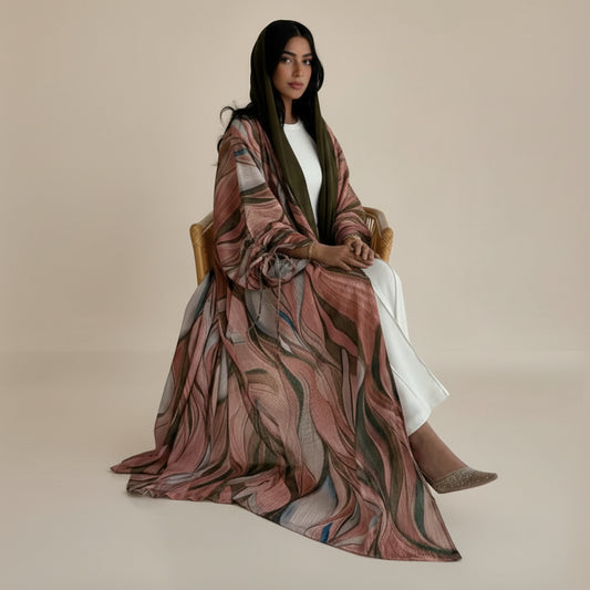 Drawstring Cuff Wrinkle Cardigan Open Abaya Dress #25207