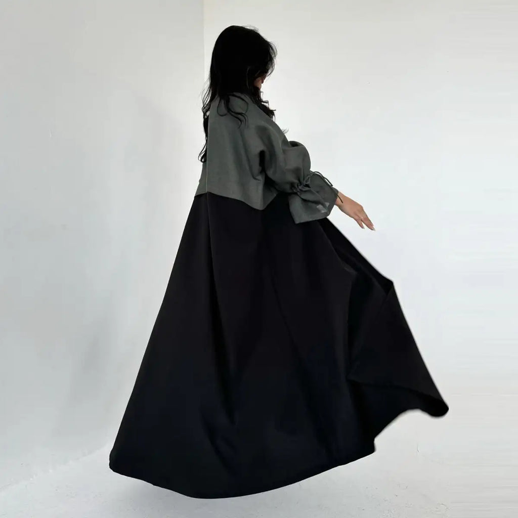 Cardigan Open Abaya Dress - Belted Cuff - Black