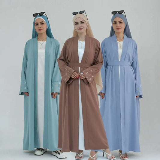 Muslim Women Nida Moon Embroidery Open Abaya Dress