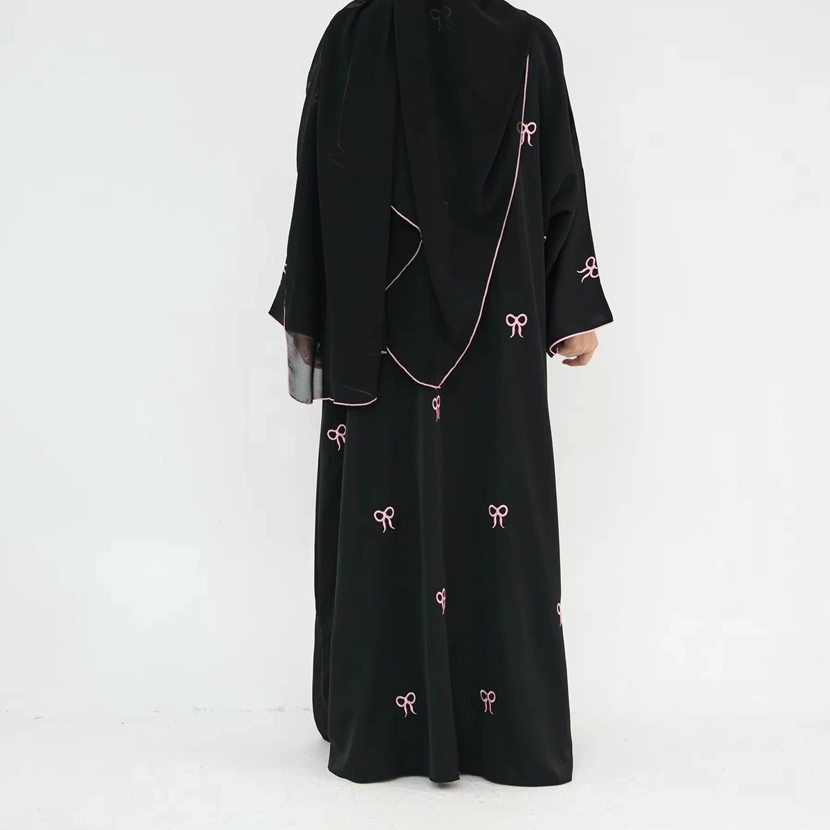 Bow Embroidery Nida Cardigan Open Abaya Dress #24910