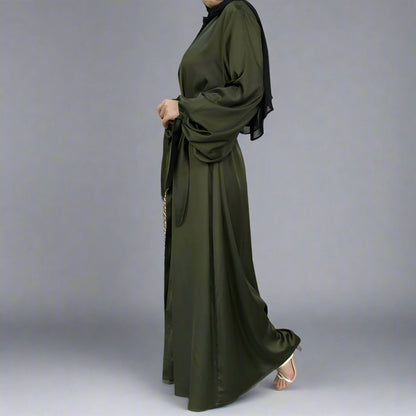 10 Color Options Puff Sleeve Satin Open Abaya Dress For Arab Women