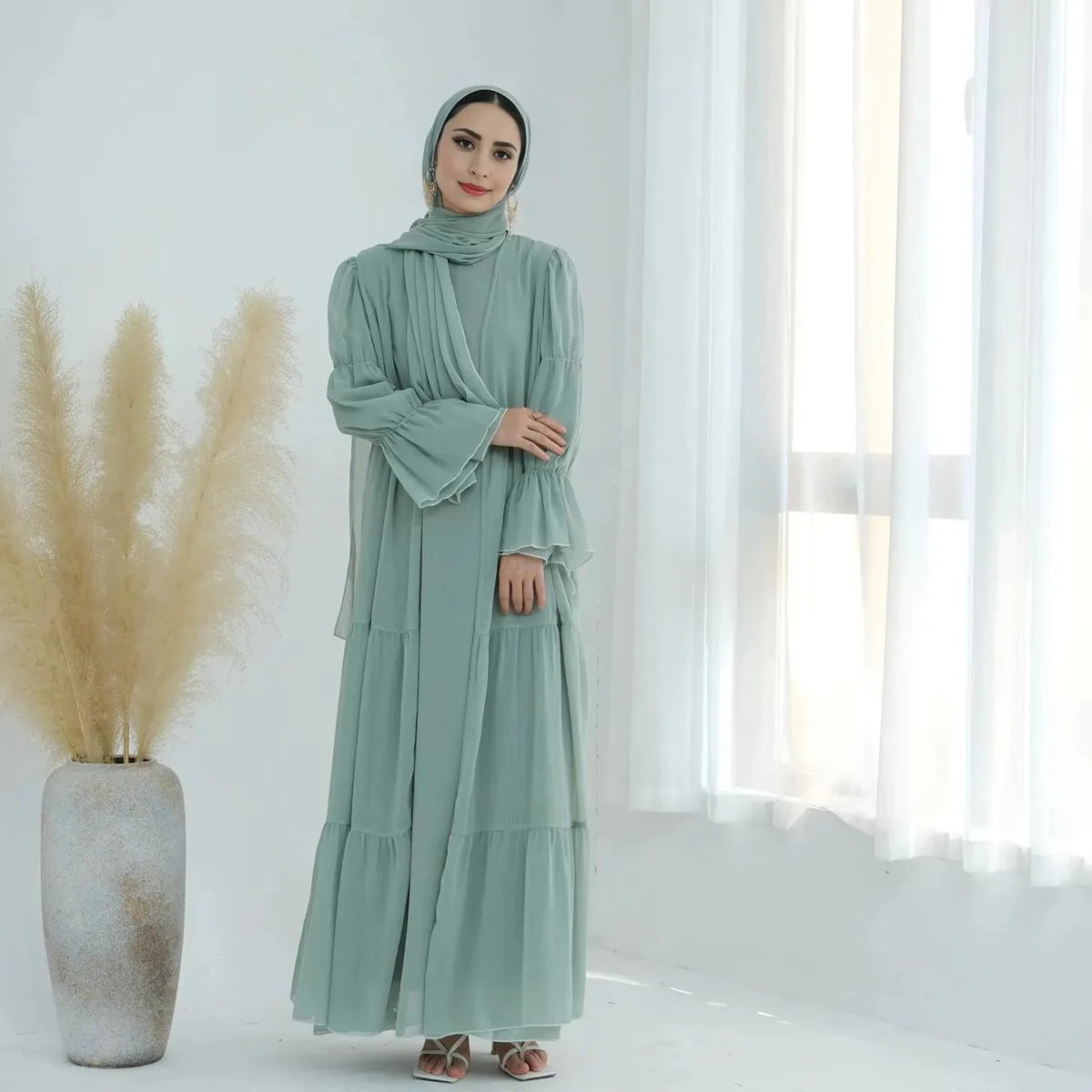 2 Pieces Set Chiffon Open Abaya Dress With Inner Dress #25866 Urgarment 2 Pieces Set Chiffon Open Abaya Dress With Inner Dress #25866 Urgarment