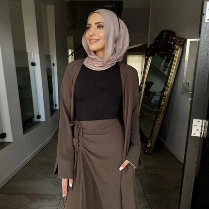 Muslim Women Daily Wear 2 Pieces Set Open Abaya Dress With Skirt #251091
