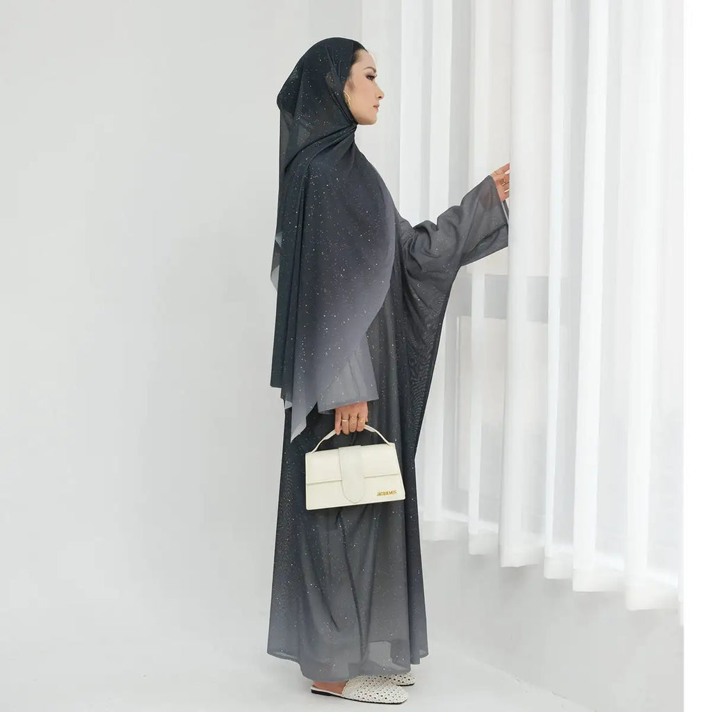 Glitter Gradient Color Open Abaya Dress With Glitter Hijab #24840 Urgarment Glitter Gradient Color Open Abaya Dress With Glitter Hijab #24840 Urgarment