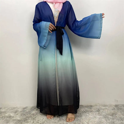 Gradient Color Chiffon Muslim Women Cardigan Open Abaya Dress