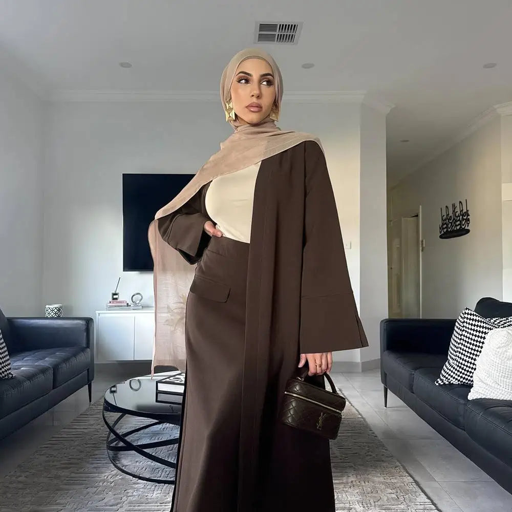 Muslim Women 2 Pieces Set Open Abaya Dress With Skirt #251072