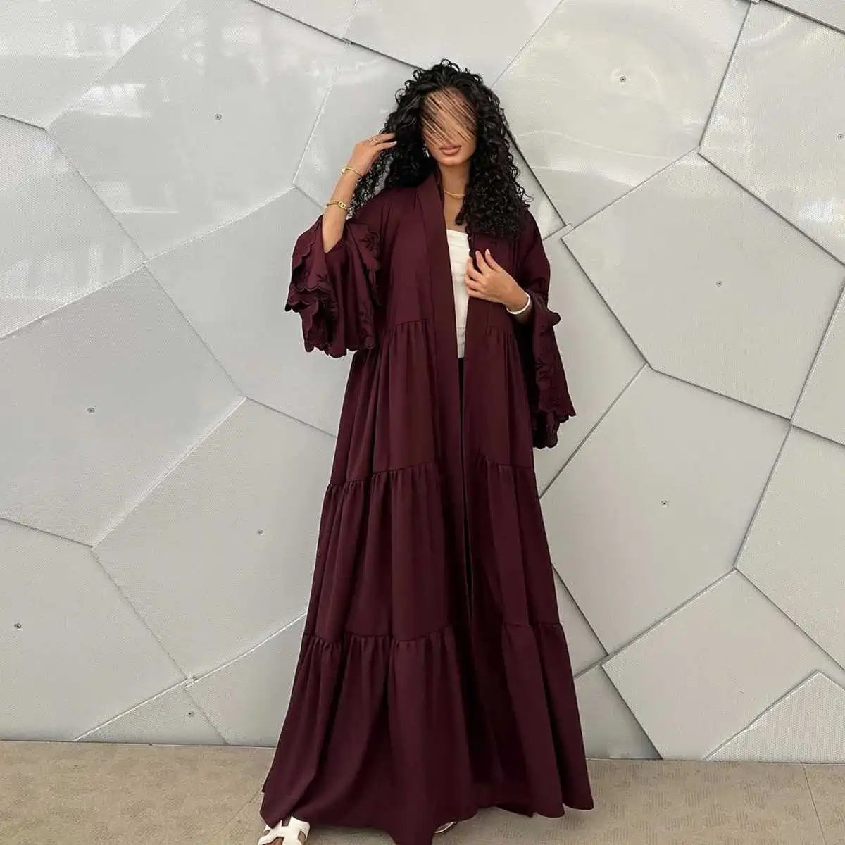 Embroidery Flare Sleeve Cardigan Open Abaya Dress #25232