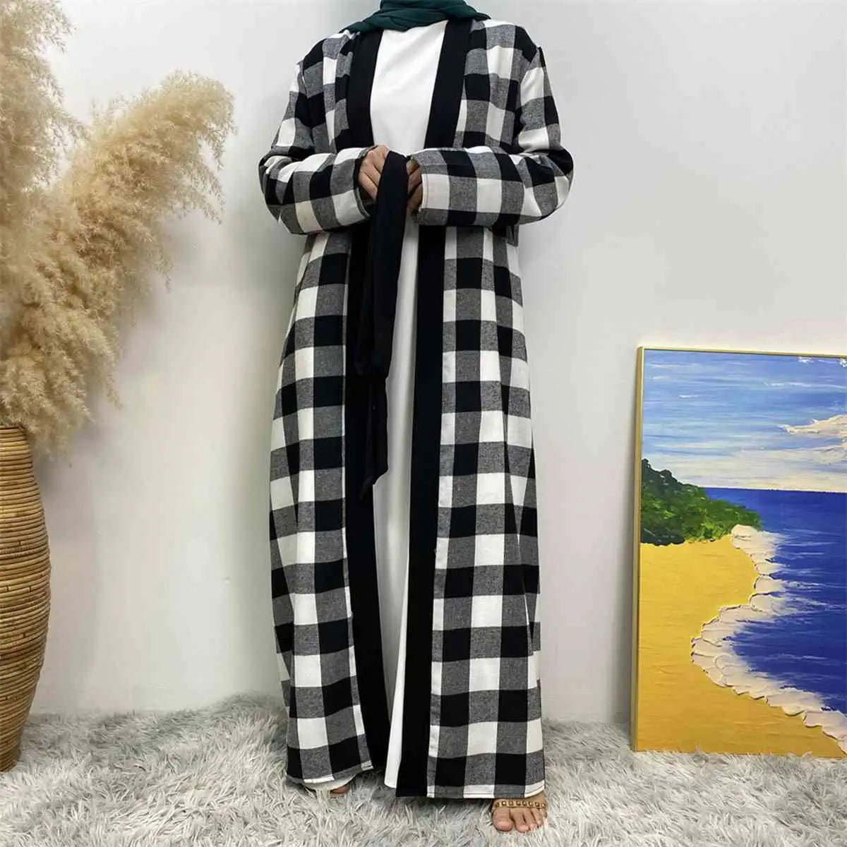 Muslim Women Plaid Open Abaya Dress