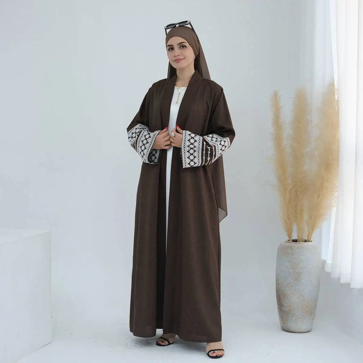 Cotton Blend Embroidery Sleeve Cardigan Open Abaya Dress