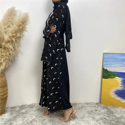 Muslim Women Moon Embroidery Open Abaya Dress With Pocket