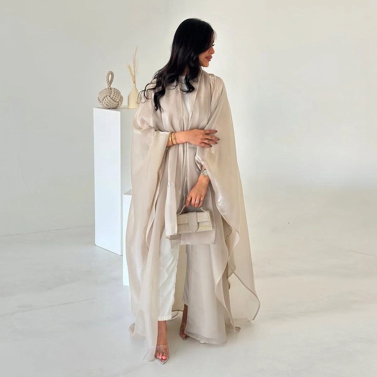 Shiny Satin Open Abaya Dress With Matching Hijab #25230