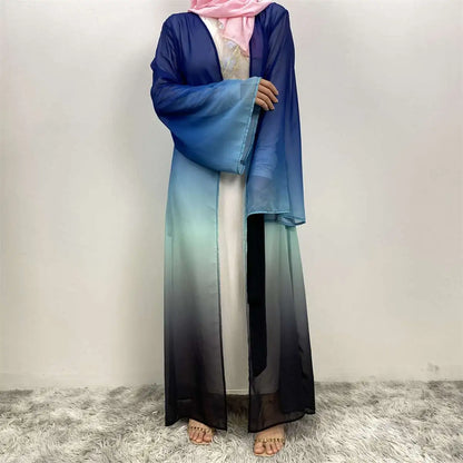 Gradient Color Chiffon Muslim Women Cardigan Open Abaya Dress