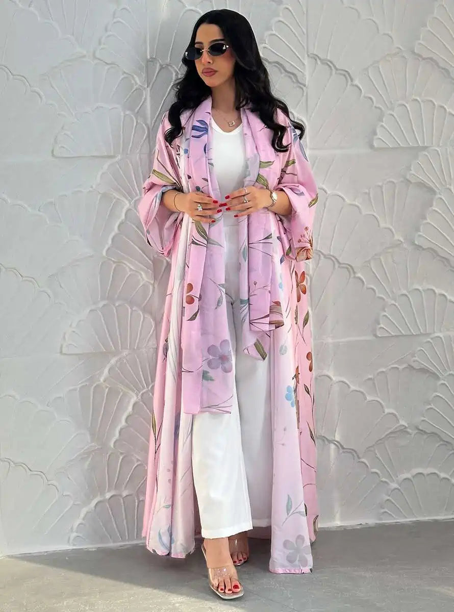 Muslim Women Printed Cardigan Open Abaya Dress With Matching Hijab #25252