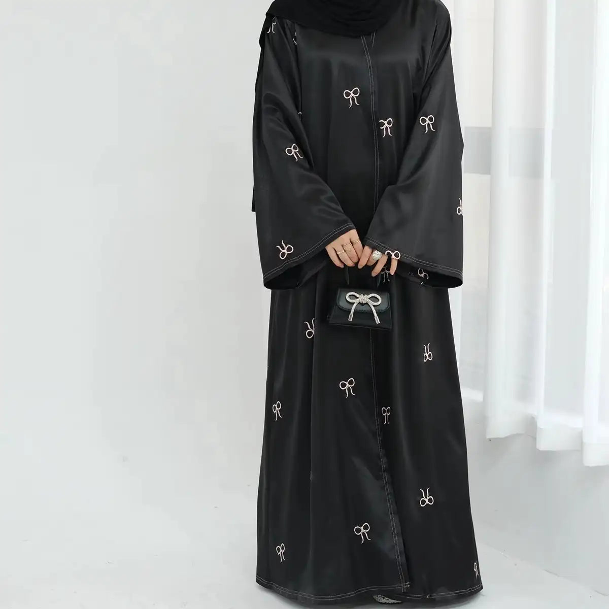 Bow Embroidery Nida Cardigan Open Abaya Dress #24910