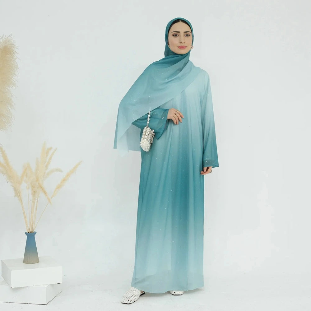 glitter abaya dress Elegant Rhinestone-Embellished kaftan Abaya Dress with Iridescent Shimmering Fabric, Arabian-Inspired Lantern Sleeves & Long Train
