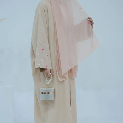 Heart Embroidery Cotton Linen Cardigan Open Abaya Dress