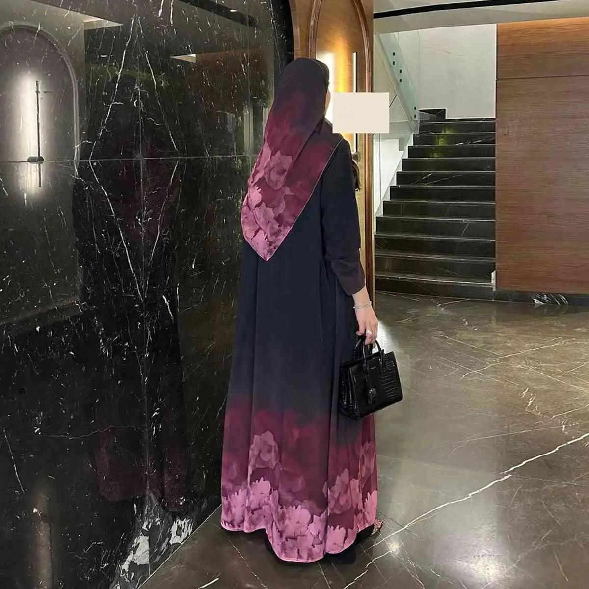 With Hijab Printed Chiffon Cardigan Open Abaya Dress