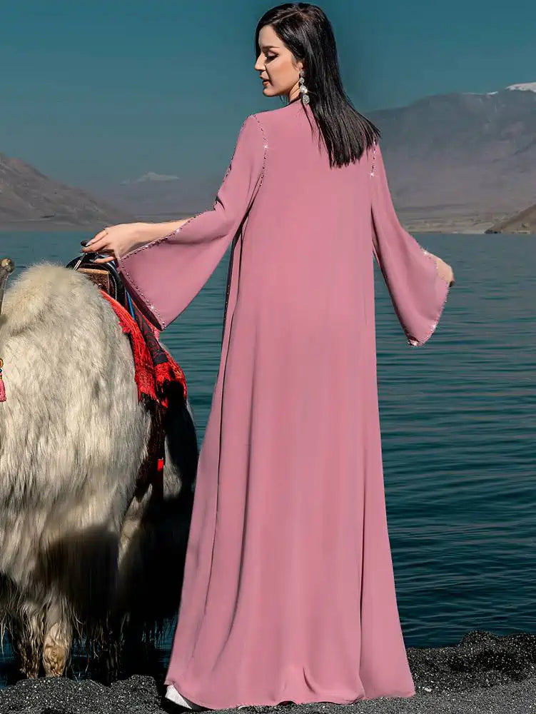 Hand-stitched Rhinestone Beads Cardigan Open Abaya Dress #254078