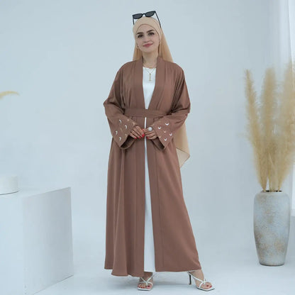 Muslim Women Nida Moon Embroidery Open Abaya Dress