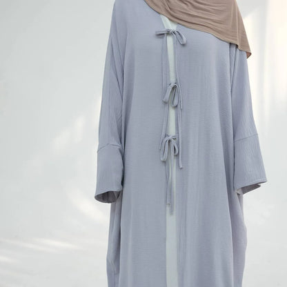 Wrinkle Belted Cardigan Open Abaya Dress