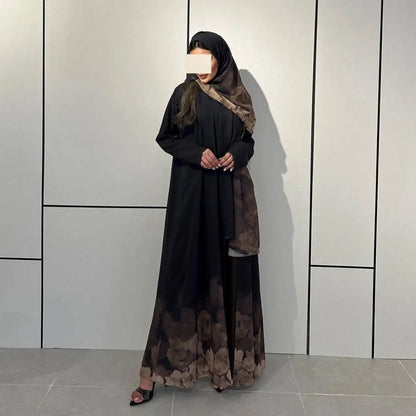 With Hijab Printed Chiffon Cardigan Open Abaya Dress