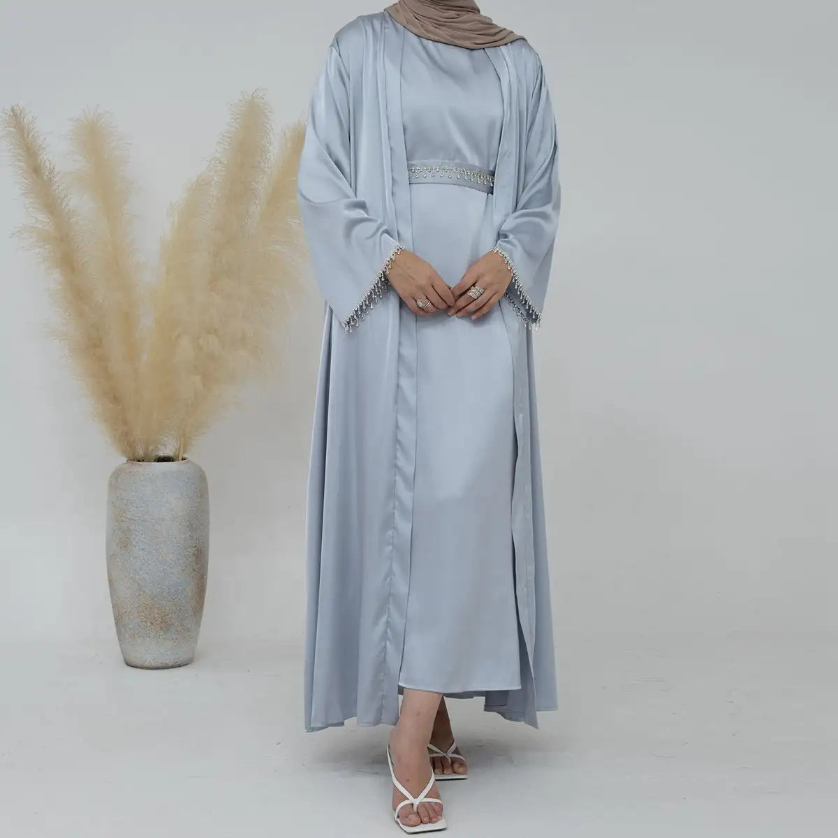 Modest Fashion 2 Pieces Set Crystal Belt Open Abaya Dress Set With Inner Sleeveless Dress