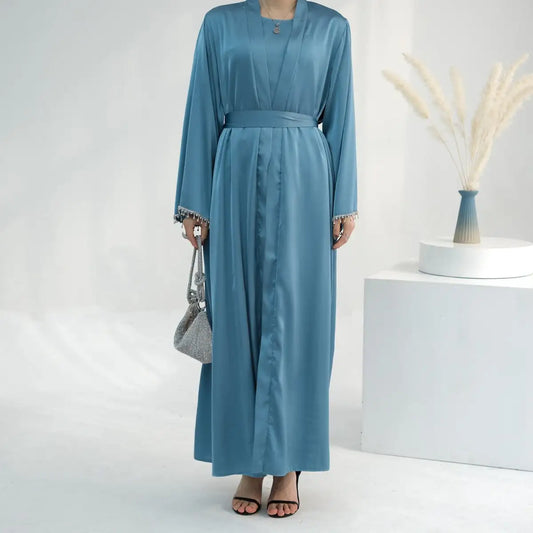 Modest Fashion 2 Pieces Set Crystal Belt Open Abaya Dress Set With Inner Sleeveless Dress