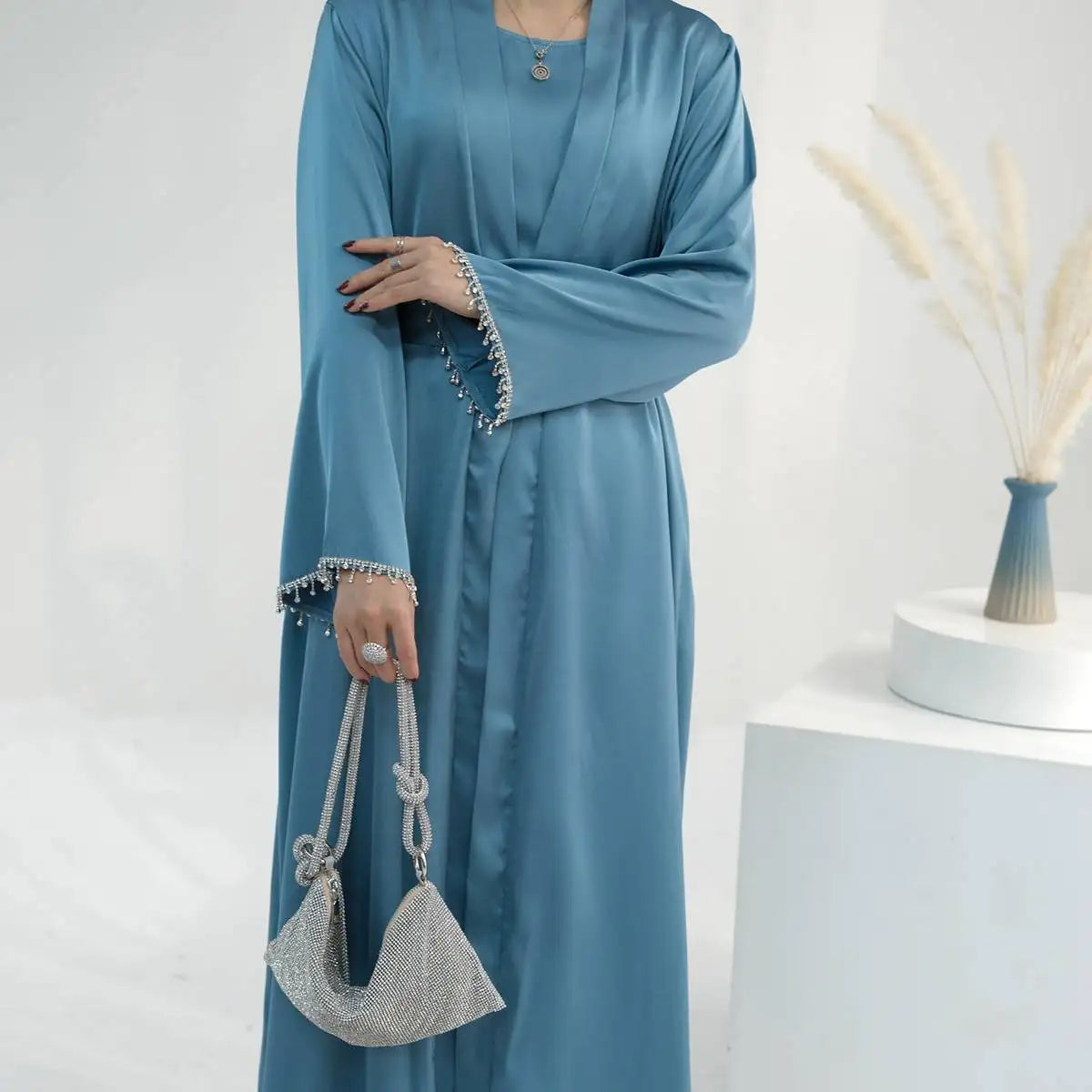 Modest Fashion 2 Pieces Set Crystal Belt Open Abaya Dress Set With Inner Sleeveless Dress