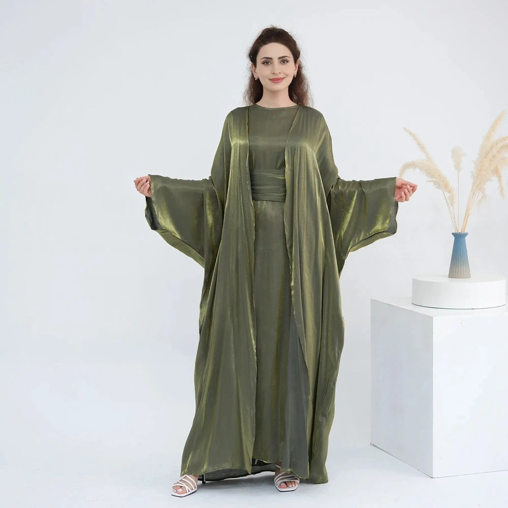 2 Pieces Set Glitter Cardigan Open Abaya Dress Set With Inner Sleeveless Dress #25808