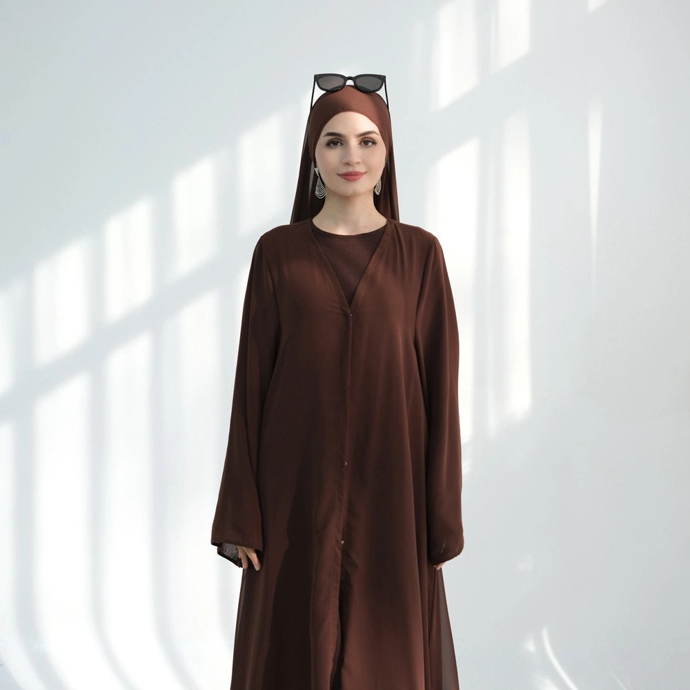 3 Pieces Set Chiffon Open Abaya Dress Set With Matching Hijab #25842