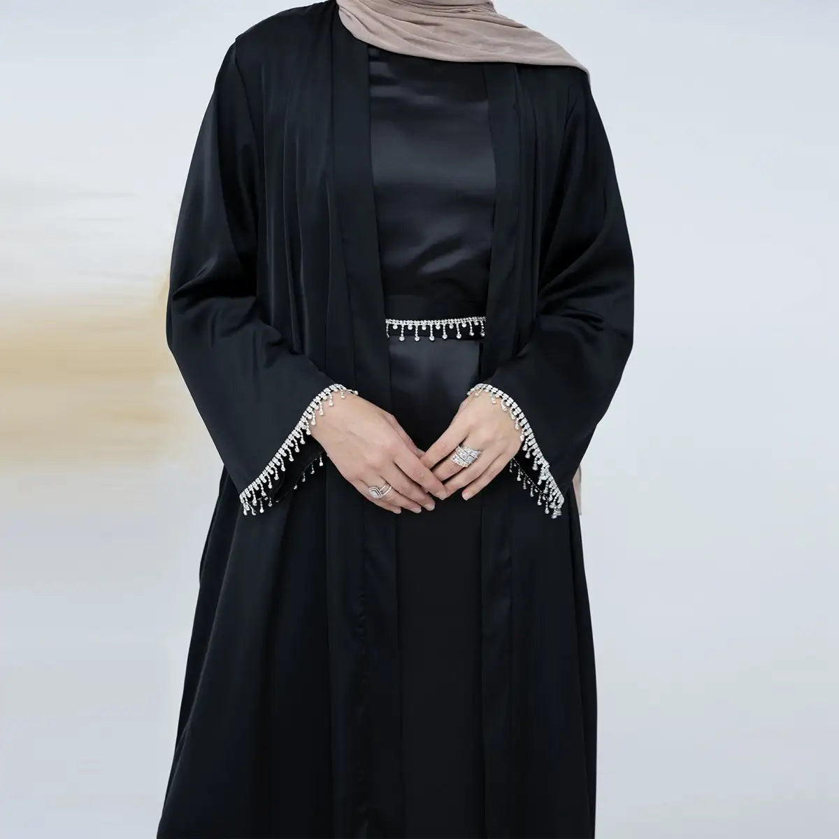 Modest Fashion 2 Pieces Set Crystal Belt Open Abaya Dress Set With Inner Sleeveless Dress