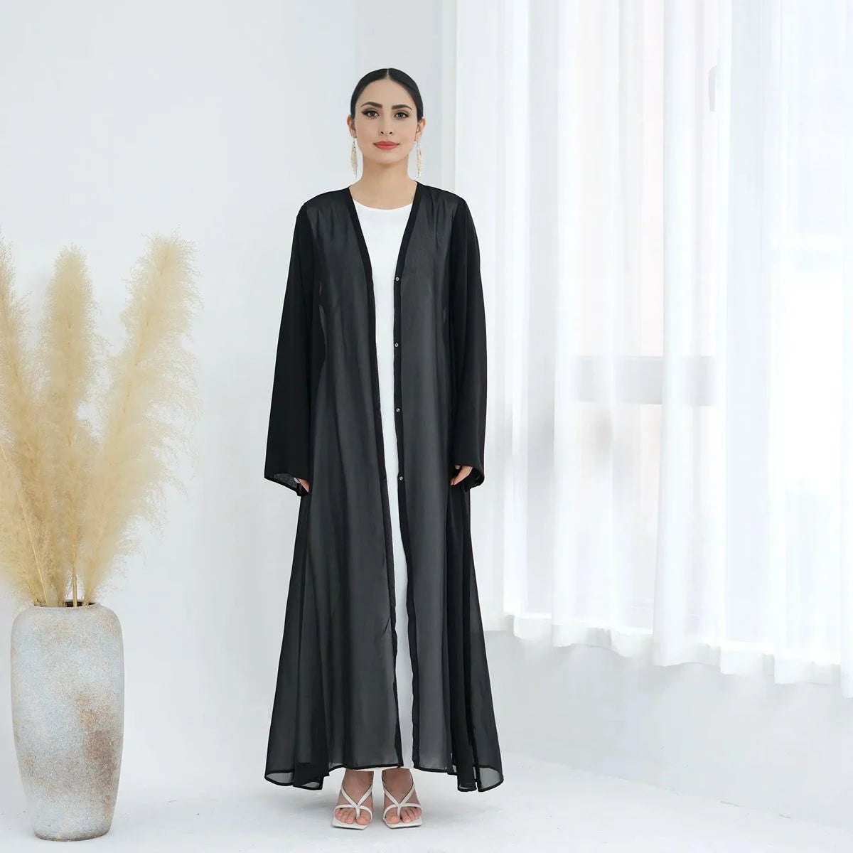 3 Pieces Set Open Abaya Dress Set With Inner Abaya Dress And Matching Hijab #25W842