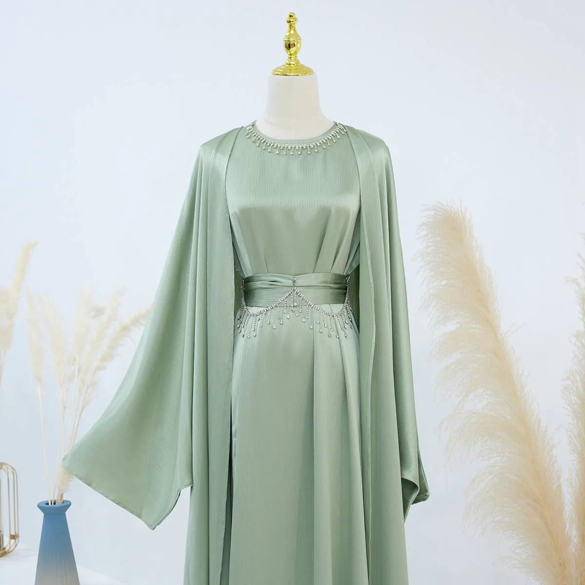 Wrinkle Satin 2 Pieces Set Open Abaya Dress #24806