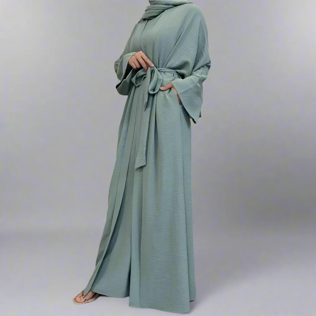 2 Pieces Set Wrinkle Abaya Dress Set With Open Abaya And Sleeveless Inner Dress