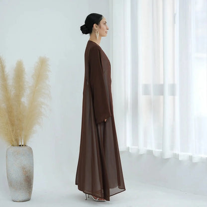 3 Pieces Set Open Abaya Dress Set With Inner Abaya Dress And Matching Hijab #25W842