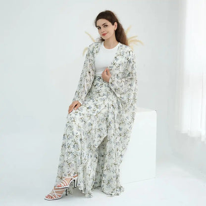 2 Pieces Set Chiffon Printed Open Abaya Dress With Skirt #251031