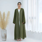 3 Pieces Set Open Abaya Dress Set With Inner Abaya Dress And Matching Hijab #25W842
