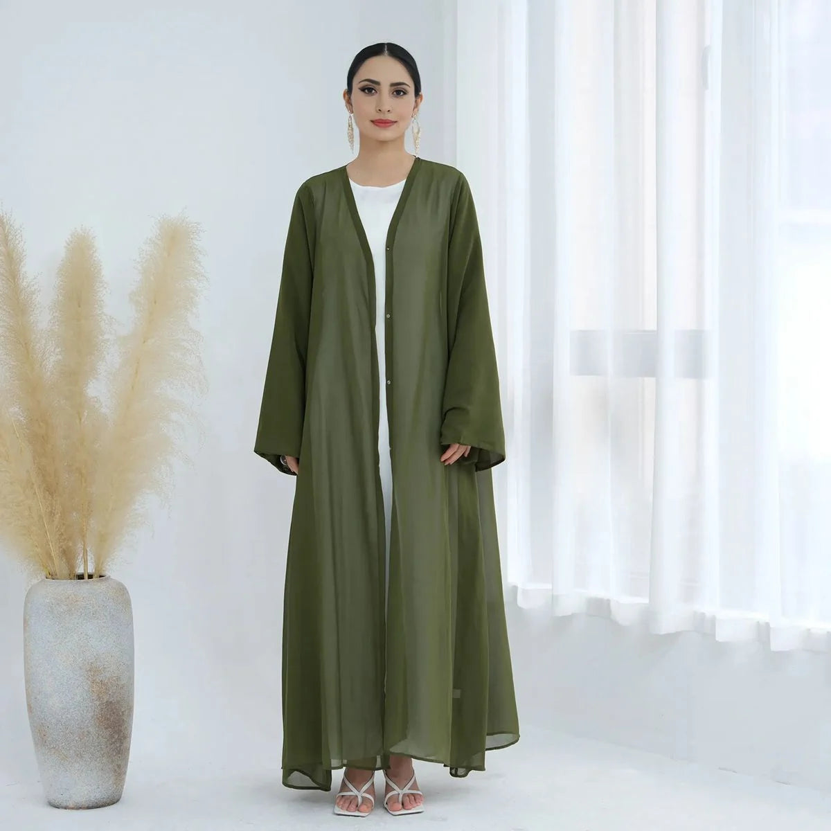 3 Pieces Set Open Abaya Dress Set With Inner Abaya Dress And Matching Hijab #25W842