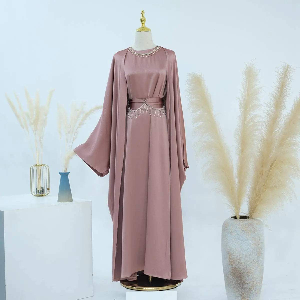 Wrinkle Satin 2 Pieces Set Open Abaya Dress #24806