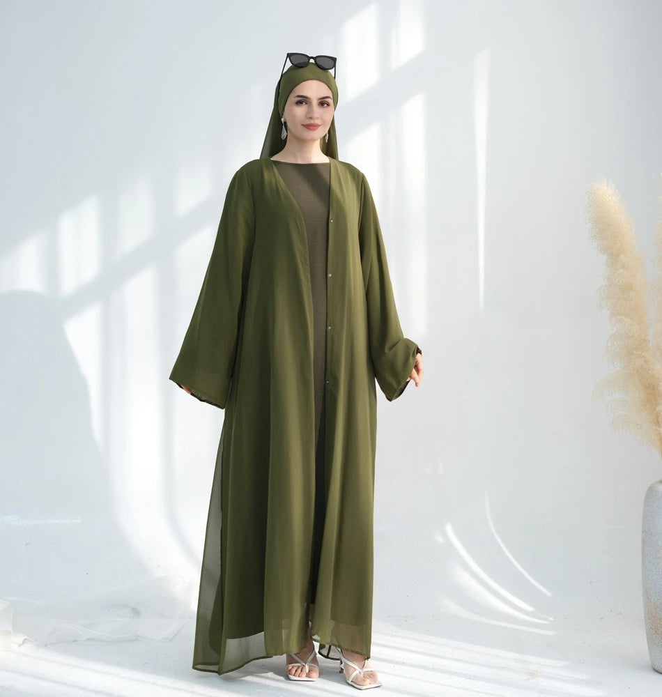 3 Pieces Set Chiffon Open Abaya Dress Set With Matching Hijab #25842