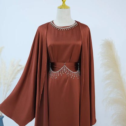 Wrinkle Satin 2 Pieces Set Open Abaya Dress #24806