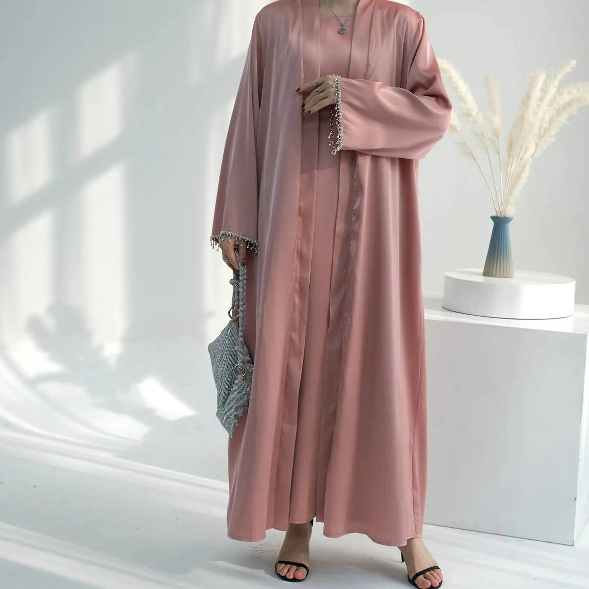 Modest Fashion 2 Pieces Set Crystal Belt Open Abaya Dress Set With Inner Sleeveless Dress