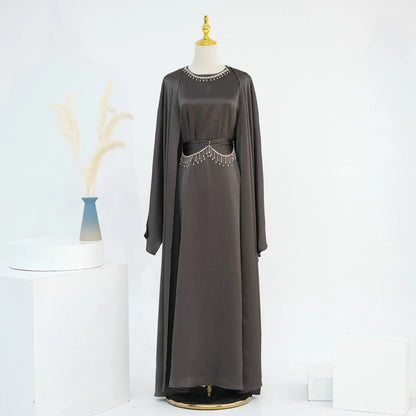 Wrinkle Satin 2 Pieces Set Open Abaya Dress #24806