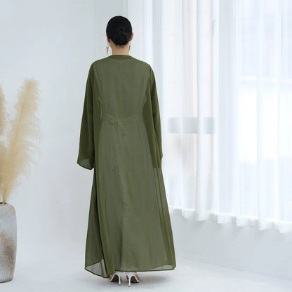3 Pieces Set Open Abaya Dress Set With Inner Abaya Dress And Matching Hijab #25W842