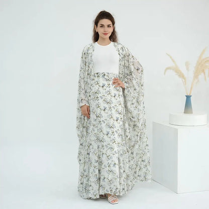 2 Pieces Set Chiffon Printed Open Abaya Dress With Skirt #251031
