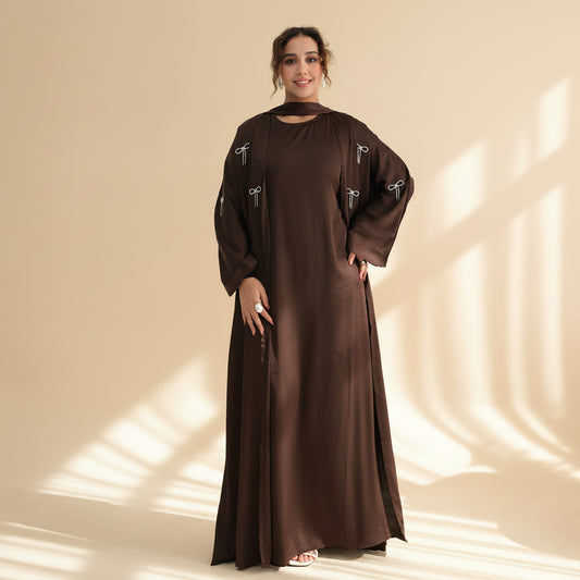 2 Pieces Set Hot-fix Rhinestone Bows Open Abaya Dress - With Inner Sleeveless Abaya Dress - #261181
