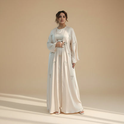 2 Pieces Set Hot-fix Rhinestone Bows Open Abaya Dress - With Inner Sleeveless Abaya Dress - #261181